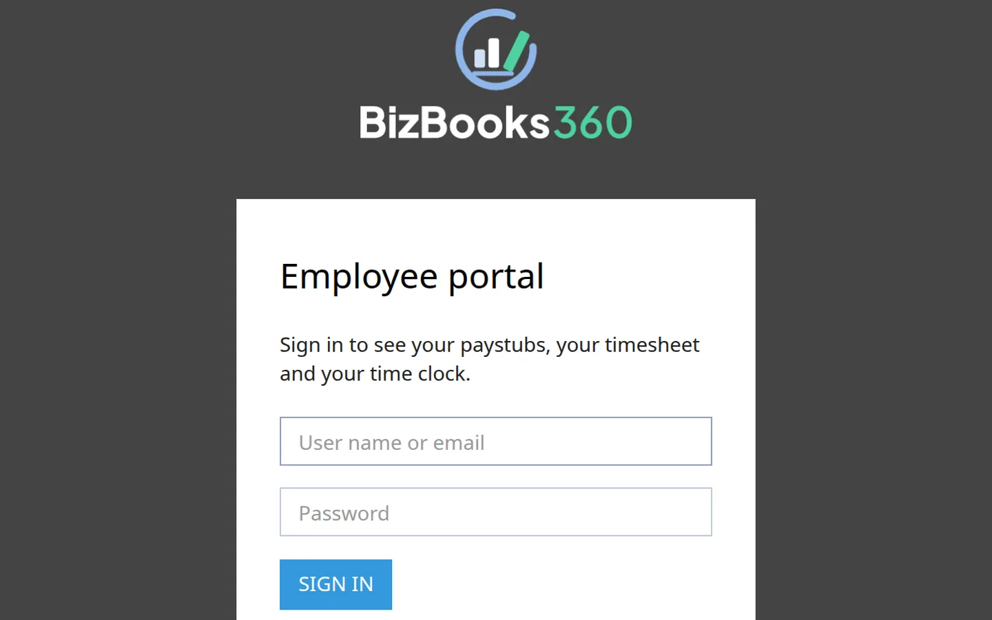 The BizBooks360 employee portal sign-in page, where employees see their pay stubs, timesheet and time clock.
